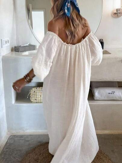 INAWLY Plus Size Solid Color Boho Off-Shoulder Long Sleeve Casual Long Dress Fall Cloth For Women