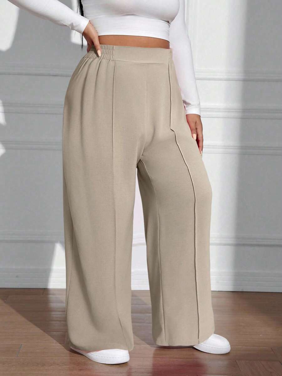 SHEIN EZwear Plus Size Casual Loose Solid Color Elastic Waist Wide Leg Pants,Back To School High Waist Pants - Camel - View 1