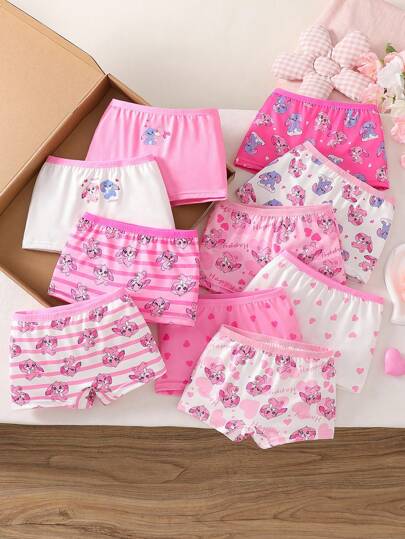 10pcs/Set Young Girl Cute Cartoon Animal Allover Print Boxer Briefs Underwear, Colorful Rabbit Design, Summer,Suitable For Girls Aged 4-7 Girls Underwear Pack,Back To School Fall Winter