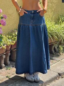 SHEIN EZwear 女士纯色口袋装饰长款牛仔裙，适合日常休闲穿着 - 藍色 - 查看 1