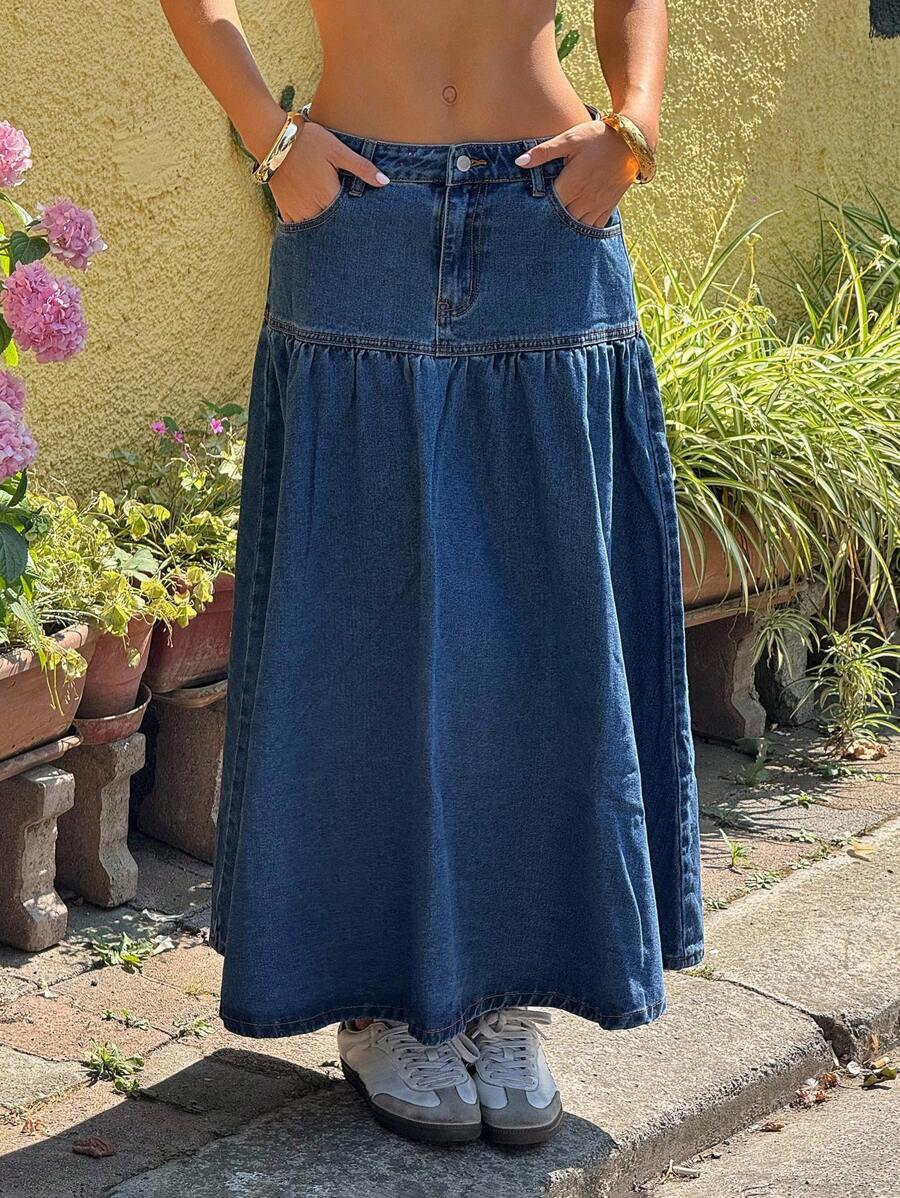 SHEIN EZwear 女士纯色口袋装饰长款牛仔裙，适合日常休闲穿着 - 藍色 - 查看 1