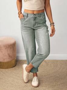 EMERY ROSE 女士休闲日常时尚百搭纽扣牛仔裤 - 綠色 - 查看 5
