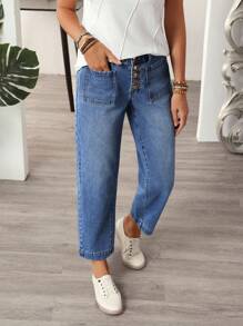 EMERY ROSE 大码女式休闲纽扣前袋设计7/8长牛仔裤 - 藍色 - 查看 7