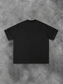 ROMWE MEN Street Life Black Round Neck Short Sleeve Rap Punk Rhinestone Streetwear Style T-Shirt For Men - Black - View 4