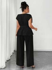 Elenzga 大码夏季优雅纯色衬衫和裤子两件套 - 黑色 - 查看 2