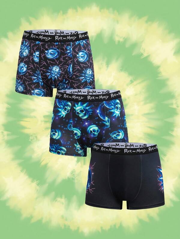 Rick and Morty X SHEIN 3pcs/Pack Black & Blue Comfortable Contrast Cartoon Skull Face Pattern Fashion Print Trunk, Basic Casual Boxer Brief