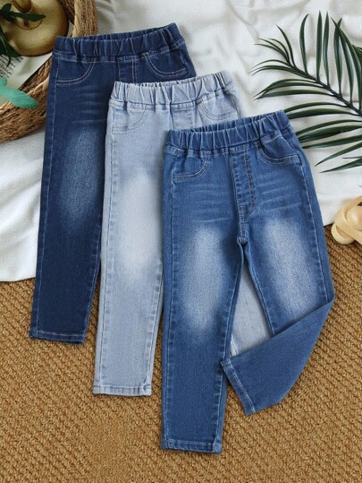 SHEIN Vintaside Kids 3pcs/Set Young Girl Basic Comfortable Stretchy Jean For Everyday Casual Wear, School, Campus, College Summer Holiday