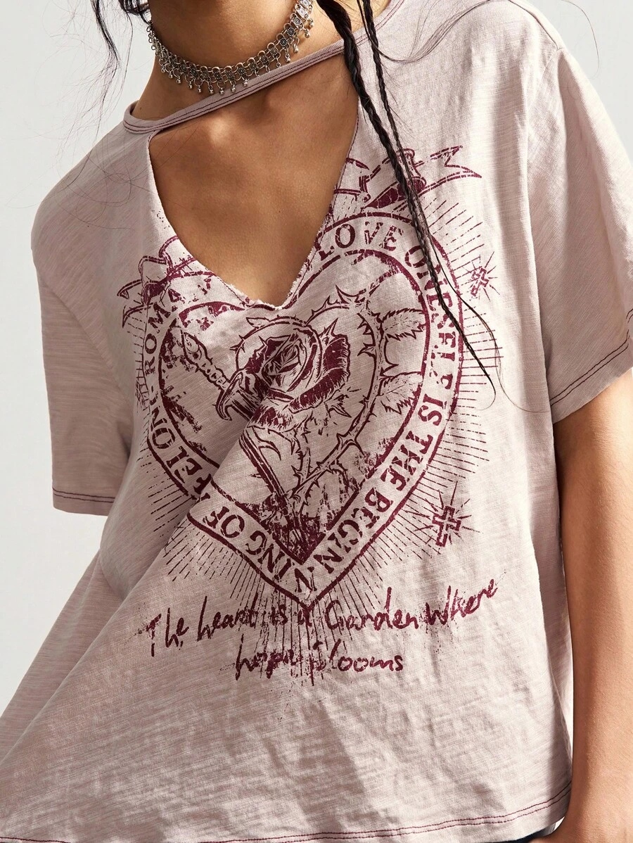 Bohemela Autumn/Winter Boho Independence Day Vintage Casual Solid Color Knit Short Sleeve Loose Washed Women Graphic T-Shirt - Pink - View 1