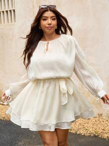 Elaquor Váy dài tay bằng vải chiffon mỏng bó eo cỡ lớn thường ngày - Màu be - Xem 3