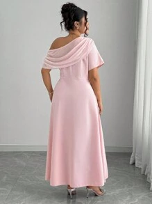 Elenzga Plus Size Women Solid Color Chiffon Splice Cold Shoulder Oblique Neck Waisted Split Design Maxi Dress, High-End Elegant Romantic - Pink - View 2