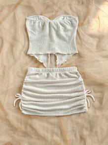 SHEIN Completo da ragazza tween composto da top a canotta comodo e casual con orlo asimmetrico e minigonna, set da spiaggia in 2 pezzi