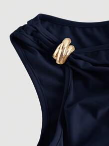 SHEIN MOD 合身褶饰金属扣海军蓝连衣裙 - 藏蓝色 - 查看 3