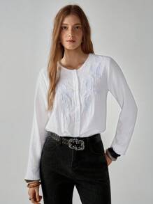 Florisole Women's Boho Embroidered Open Front Solid Color Shirt Western Blouses White Western Top Western Tops Fall Cloth For Women