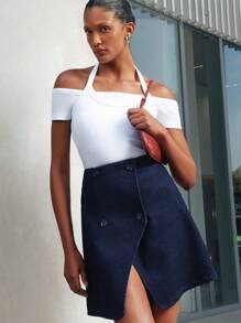 Daynim Women Casual Asymmetric Black Denim Skirt - Medium Wash - View 1