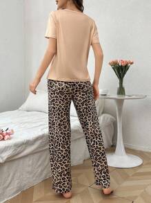 女士休闲蝴蝶豹纹短袖上衣和长裤睡衣套装豹纹睡衣套装豹纹睡衣套装动物印花睡衣女式睡衣套装圆领两件套睡衣套装女式 - 彩色 - 查看 2