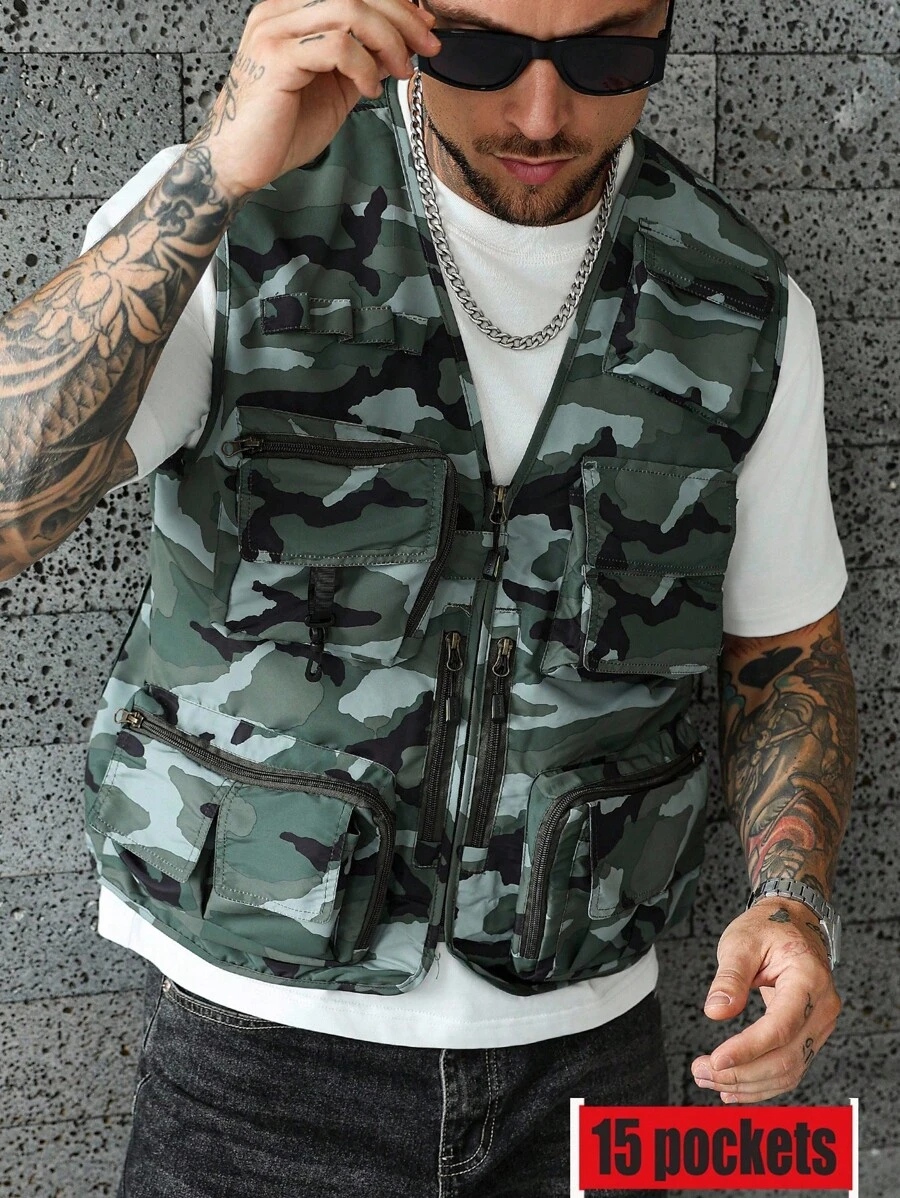 Manfinity LEGND 男士迷彩印花休闲背心，多口袋，无袖夹克，适合户外、钓鱼、摄影、宽松版型、春秋装、2000 年代风格 - 彩色 - 查看 1