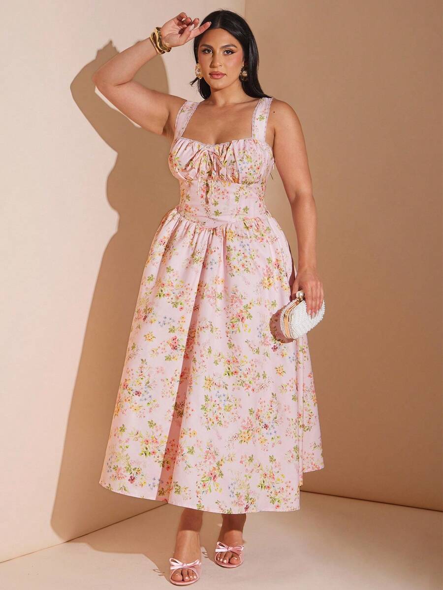 SHEIN BAE 女士大码服装 婚纱 伴娘服 迷你裙 派对服 约会服 节日服 大码女装 夏季 暑假 约会 旅行服 情人节 连衣裙 小碎花裙 野餐服 优雅连衣裙 女士夏季服装/春季服装/情人节服装/狂欢节/海滩度假服装，紧身胸衣裙 - 粉色 - 查看 1