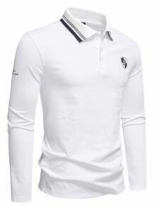 Manfinity Homme 男士字母条纹长袖休闲商务POLO衫 - 白色 - 查看 5