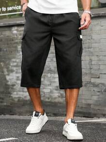 Manfinity Homme Men's Drawstring Waist Wide Leg Loose Casual Cargo 3/4 Pants - Black - View 3