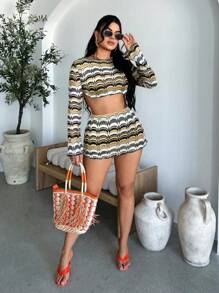 SHEIN SXY Women Wave Striped Long Sleeve Cropped Top And High-Waisted Bodycon Mini Skirt 2 Pieces Set Long Sleeve Two Piece Set Brunch Two Piece Set - Grey - View 3