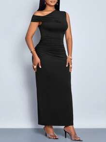 SOLERSUN Women's Plus Size Spring Summer Solid Color Simple Daily Date Elegant Party Asymmetric Oblique-Shoulder Tight-Fitting Long Dress - Black - View 5