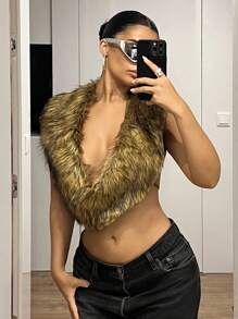 SHEIN ICON 女式时尚性感露背仿皮草上衣秋季女装