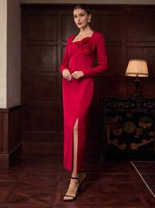 ZEYLAH 优雅长款花卉印花腰带长袖连衣裙，秋冬 - 紅色 - 查看 4