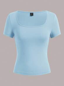 SHEIN EZwear 3件装女士藏青色、浅蓝色和白色短袖露脐修身休闲T恤，适合夏季外出穿着 - 彩色 - 查看 9