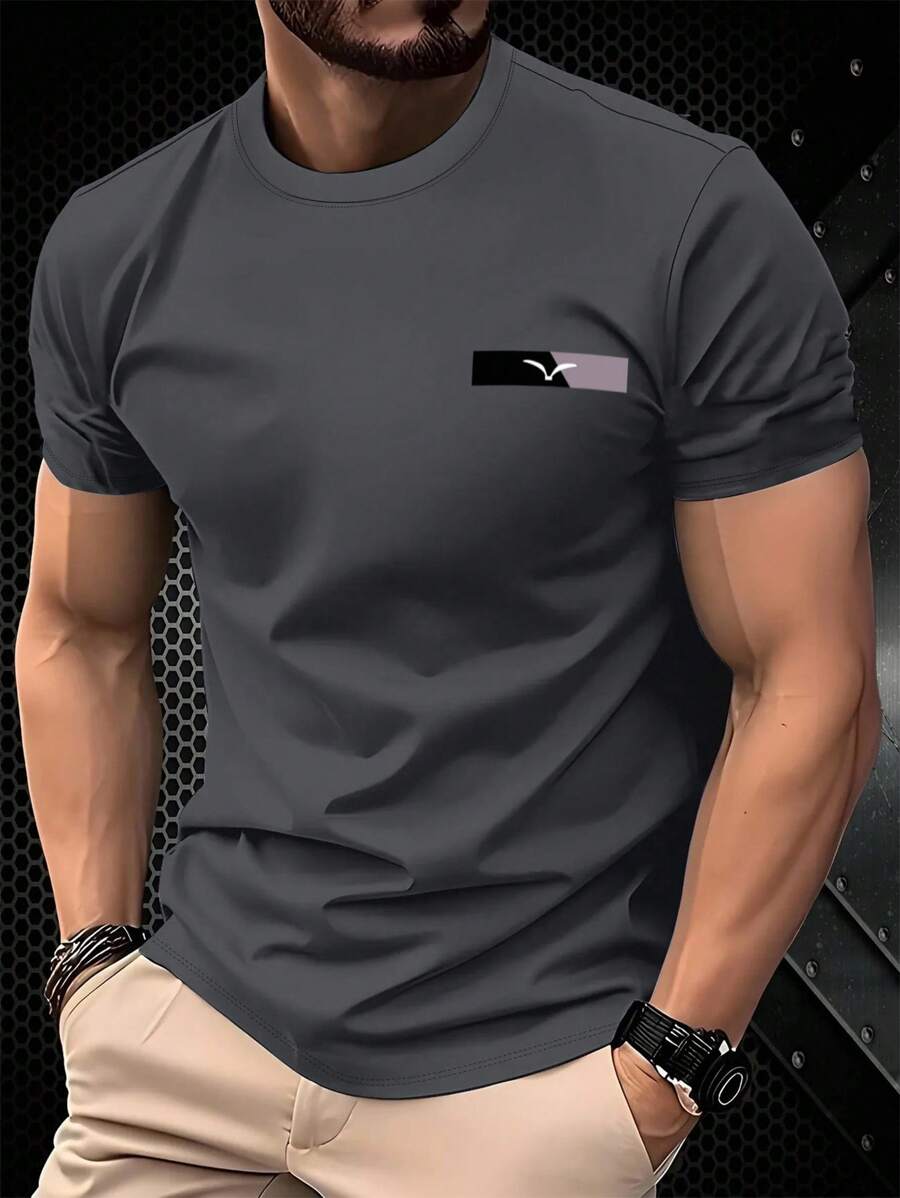 Manfinity Homme Men's Casual Seagull Print Round Neck Short Sleeve T-Shirt, Summer - Dark Grey - View 1