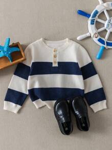 PrepCrw Baby Boys' Collegiate Style Blue & White Striped Crew Neck Long Sleeve Knitted Sweater Baby Boy Jumper Striped Sweater,In Fall/Winter - Blue and White - View 3
