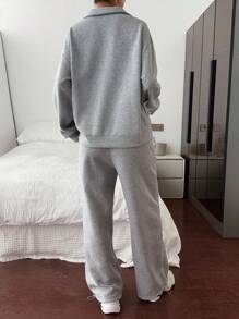 Livesso Set de 2 piese pentru femei, casual, culoare solidă, cu rever, mânecă lungă, top și pantaloni lejeri, treninguri, set de lenjerie pentru femei - Gri - Vizualizare 2