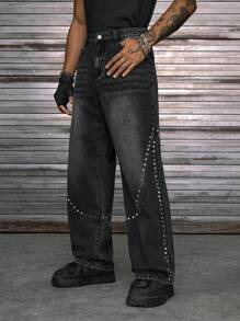 AXEPEAK 男士休闲水洗牛仔裤，铆钉装饰，Emo 风格