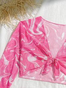 女童渐变波浪印花比基尼套装，4 件套泳衣套装，带罩裙，适合海滩度假，夏季 - 玫紅色 - 查看 4