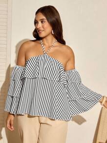 EMERY ROSE 大码黑白条纹休闲无袖细肩带背心，修身设计