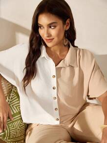 Nubod 夏季大尺碼女士色塊蝙蝠袖休閒寬鬆襯衫，帶翻領