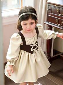 SHEIN LMoss Kids Baby Girls Cute Summer Holiday Contrast Color 2 In 1 Apricot Long Sleeve Dress Baby Vintage Dress Baby Fall Dress Winter - Khaki - View 7