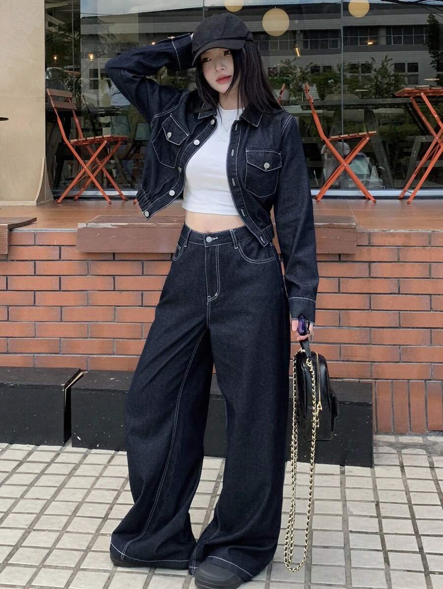 DAZY 韩版女式休闲衬衫和阔腿牛仔裤套装