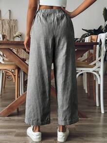 LanaWest 女士條紋直筒休閒長褲，適用於日常穿著