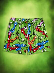 TEENAGE MUTANT NINJA TURTLES | SHEIN 男士加大休闲龟背印花松紧腰短裤，夏季适用 - 綠色 - 查看 2