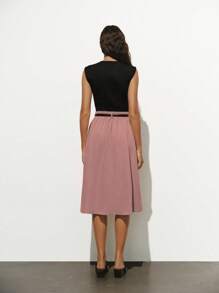 Lumivelle Color Block Splicing Knitted & Woven Pleated Dress Summer Dress Clothes For University - Dusty Pink - View 2