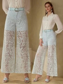 MOTF PREMIUM PANTALONES CON CINTURÓN Y ENCAJE DE CONTRASTE - Azul - Ver 8