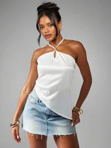 MISSGUIDED 夏季优雅缎面吊带露背上衣，适合晚宴、俱乐部、晚宴、婚礼宾客等场合，百搭时尚 - 白色 - 查看 3