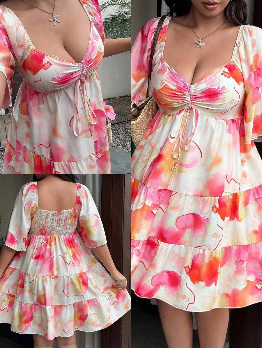 Flirla Plus Size Floral Print Heart Neckline Ruffle Hem Short Sleeve Dress - Multicolor - View 1