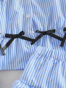 Set da 2 pezzi a righe blu e bianche per ragazze pre-adolescenti, carino outfit scolastico autunnale per il ritorno a scuola, camicia a maniche lunghe con fiocco 3D e gonna, casual per vacanze - Blu - Visualizzare 6