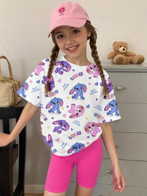 Toddler Girls' Casual Fashion Creative Cute Cartoon Blue Rabbit 3-Graphic Print T-Shirt And Bike Shorts Set