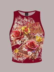 Slaydiva 2025 春夏街头 Y2K，报纸补丁，垃圾摇滚，玫瑰花朵印花，休闲简约圆领修身女士背心，适合夏季玫瑰背心女式图案背心女式玫瑰背心女式背心女式图案背心适合外出