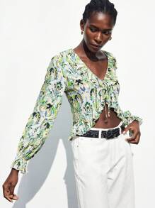Maija Blusa de manga larga con estampado retro de tótem, con lazo delantero, ribete de volantes, top de estilo bohemio para mujeres - Multicolor - Ver 2