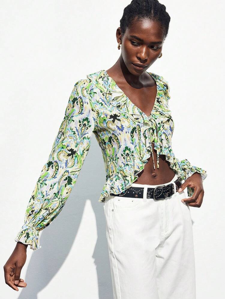 SHEIN Maija Totem Retro Print Long Sleeve Blouse With Tie Front, Ruffle Trim, Bohemian Style Top For Women,Halloween