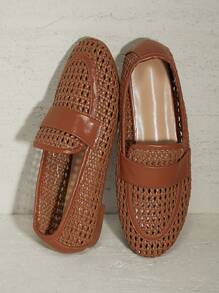SHUZIA Fashionable & Versatile Crochet Raffia Loafers, Casual Ladies Flat Shoes - Maroon - View 3
