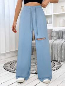 SHEIN EZwear Women's Casual Hazy Blue Distressed Drawstring Waist Wide Leg Sports Pants